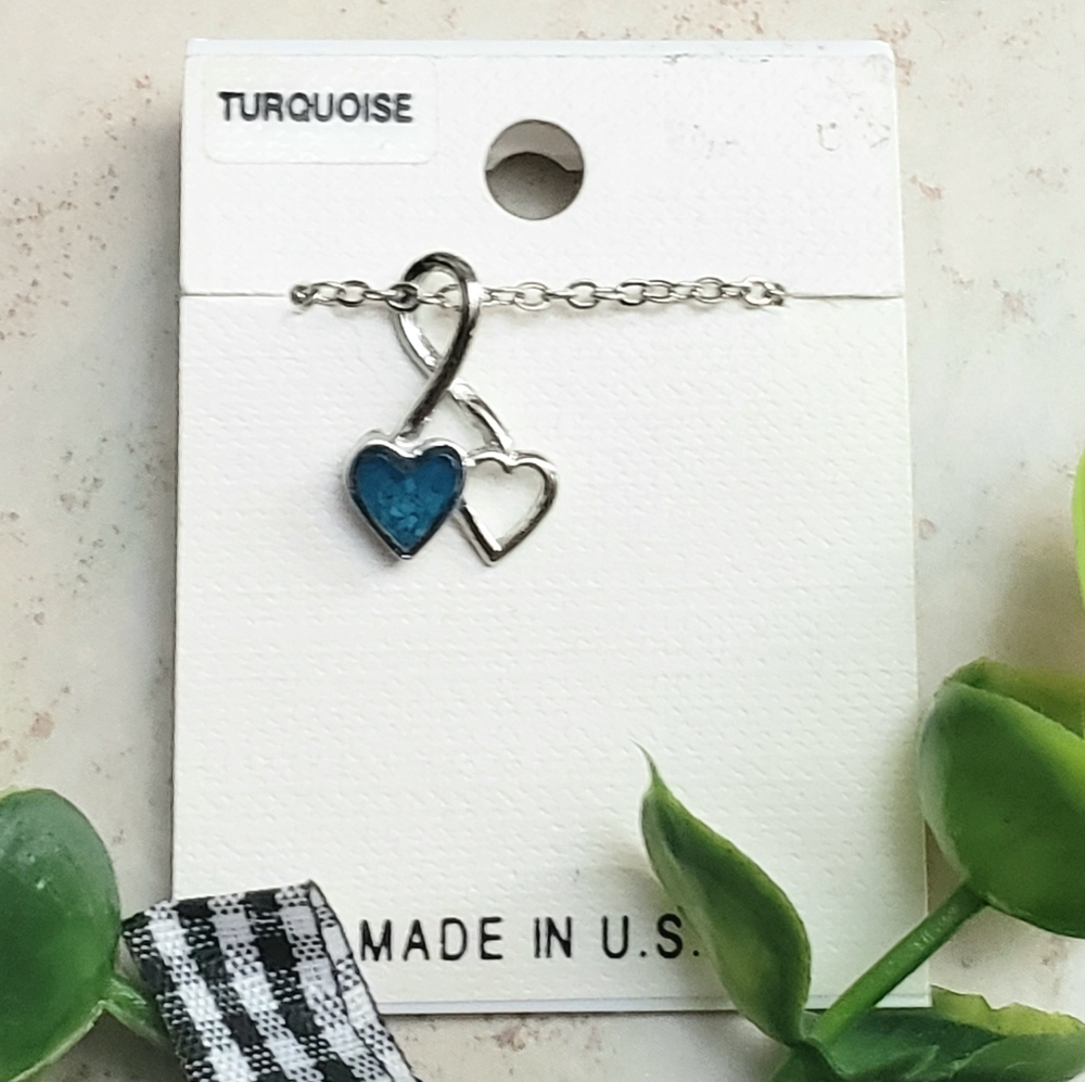 ⚠️SALE⚠️ New Turquoise Inlay Double Heart Pendant With Chain Necklace - Picture 1 of 7